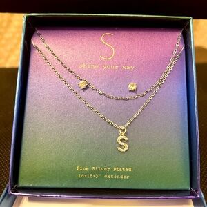 Silver Plated Initial “S” on 2 chains w/ cubic zirconia earrings 16/18”+3”